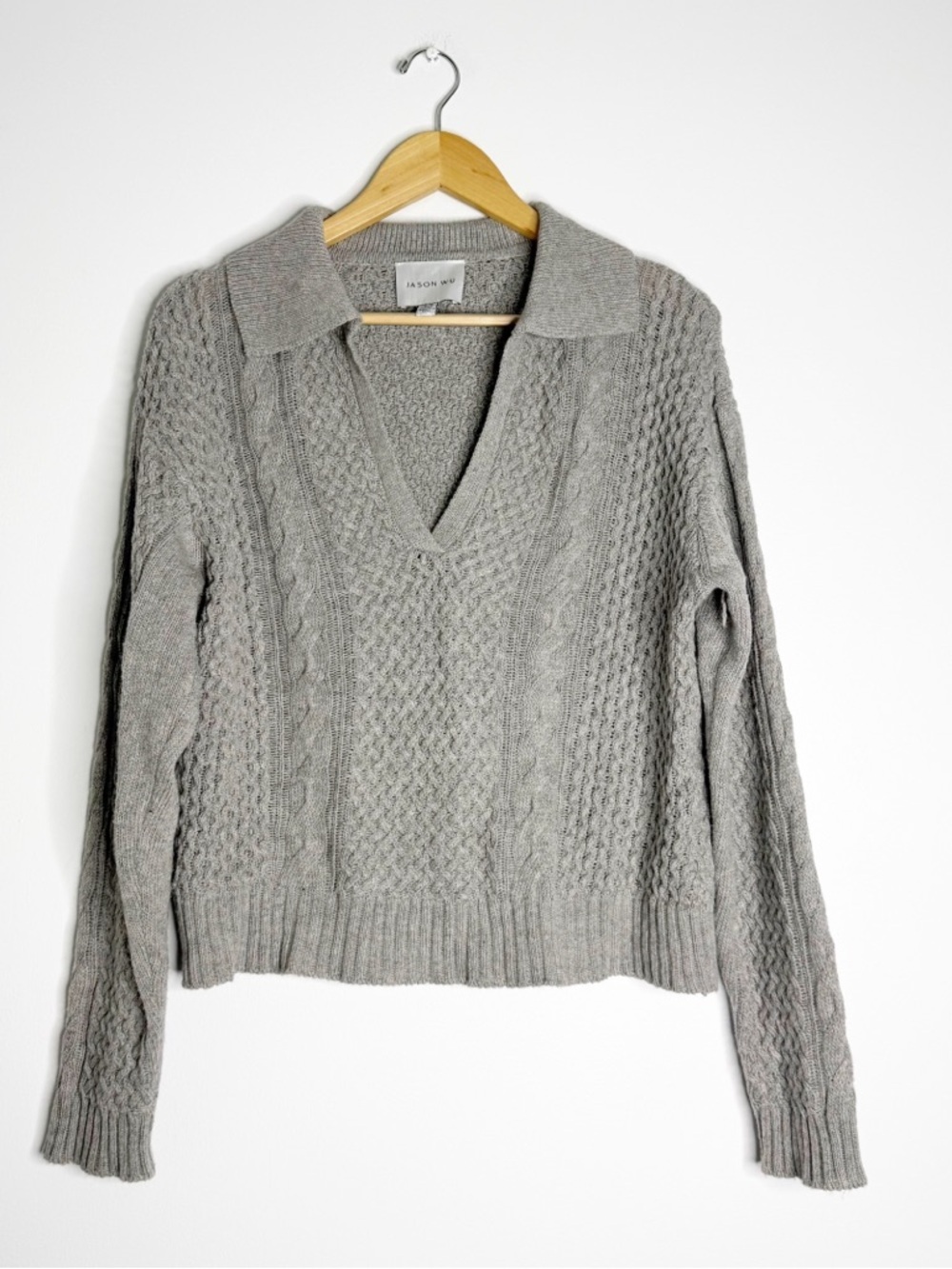 Jason Wu Cable Knit Collared Sweater Medium Gray Cropped